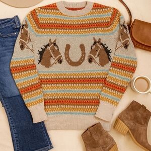 New equestrian horse pullover sweater, often referred to as a Rusty Spur Sweater